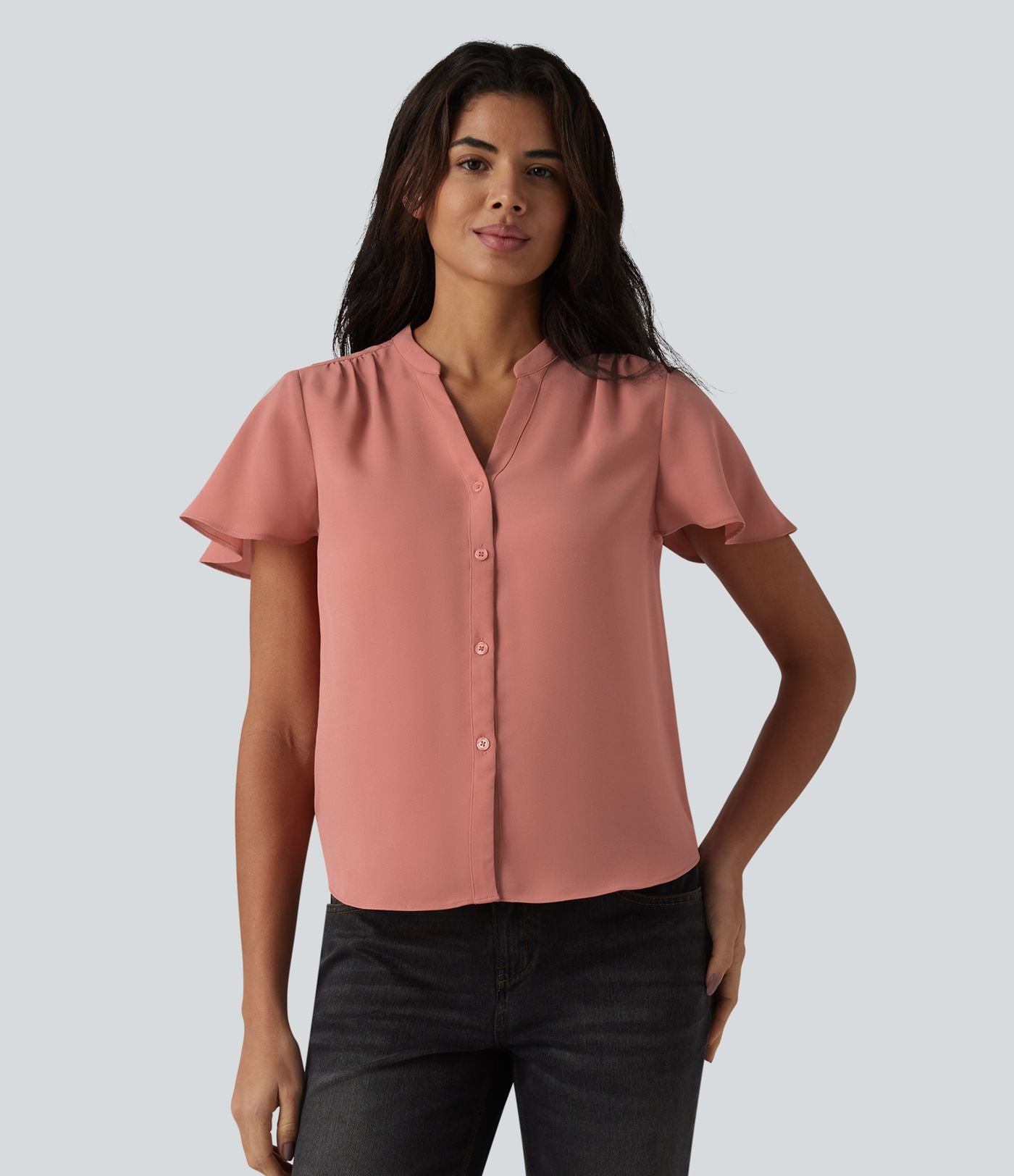 Blouse casual col V à manches volantées et ourlet arrondi