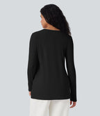 T-shirt décontracté maille côtelée manches longues ourlet fendu