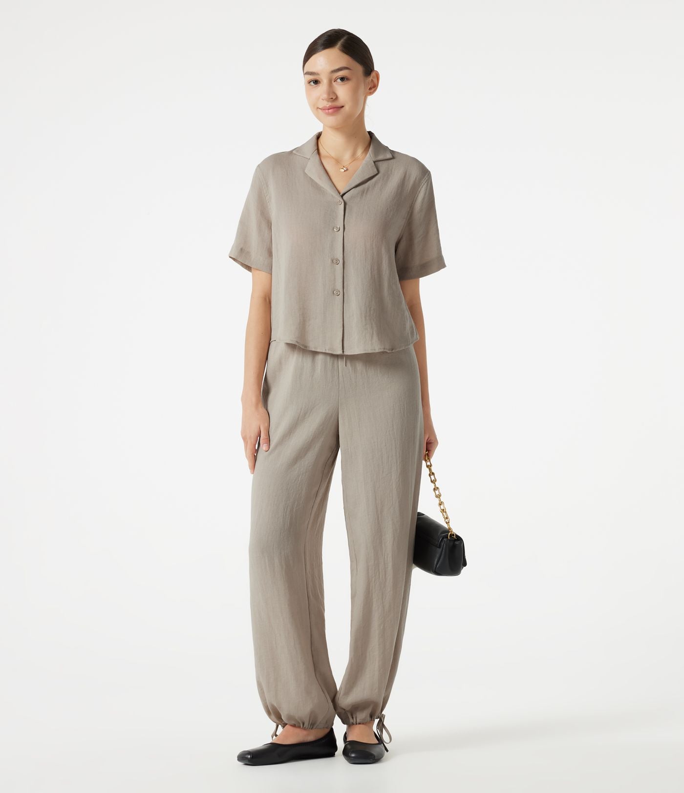 Pantalon barrel de bureau taille haute en mélange de lin avec short intégré et poches