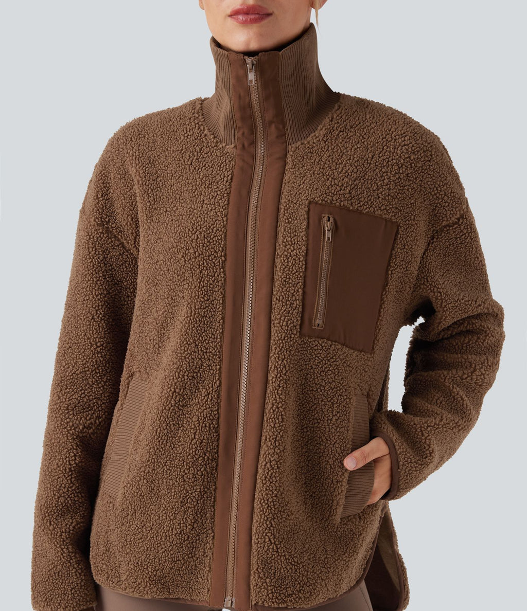 Veste de sport sherpa à manches longues avec ourlet asymétrique arrondi et poches