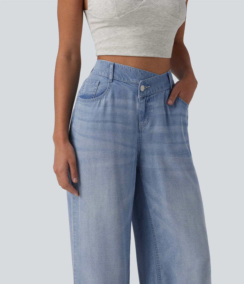Jean large décontracté asymétrique en lyocell taille mi-haute drapé avec poches