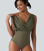 Maillot de bain une pièce col V sans manches ventre plat soutien-gorge intégré
