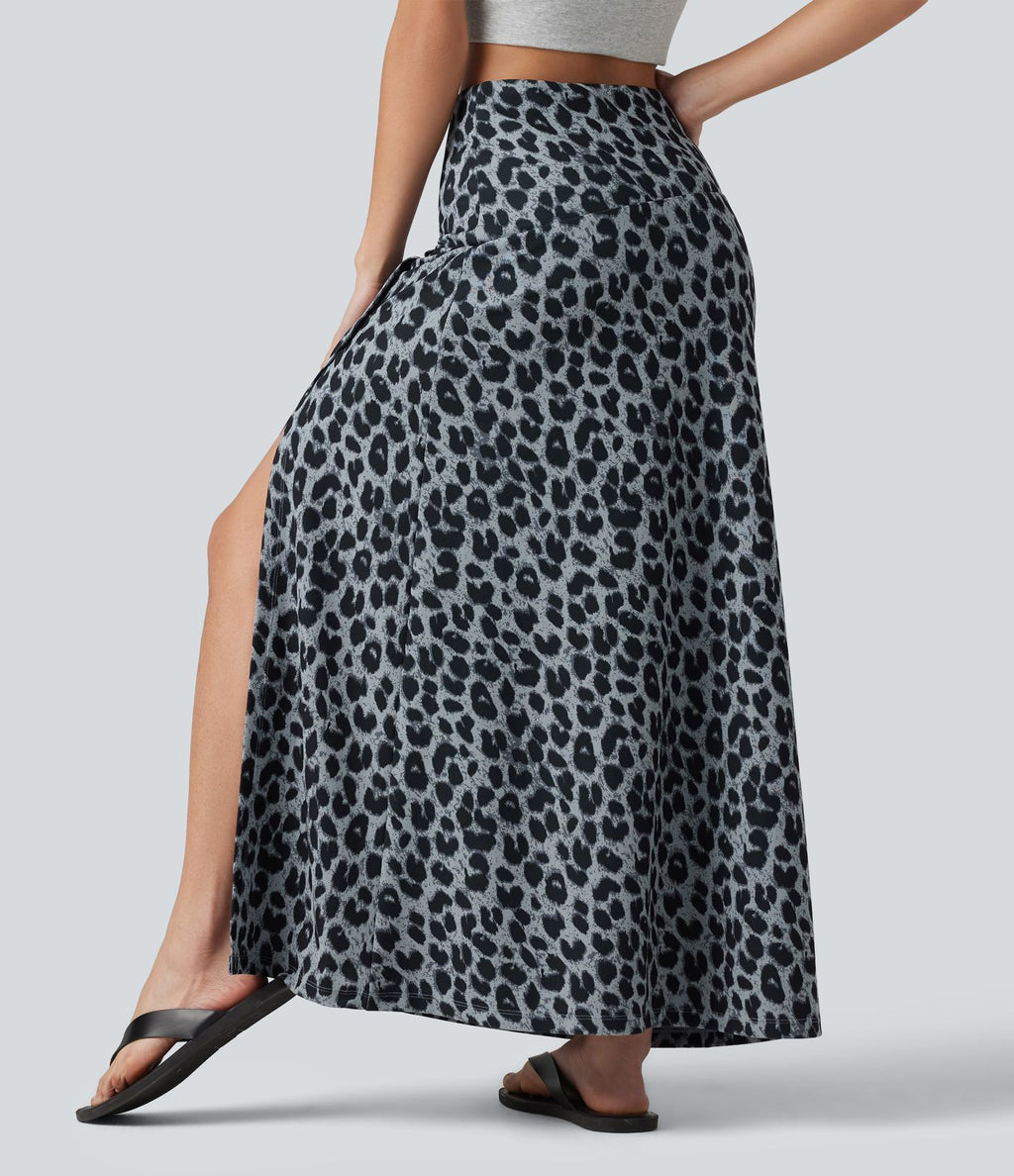 Jupe casual maxi gaufrée léopard taille haute gainante à poche