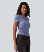 T-shirt décontracté col bateau manches courtes froncé