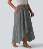 Jupe mi-longue décontractée fluide asymétrique taille haute à carreaux aspect lin avec poches