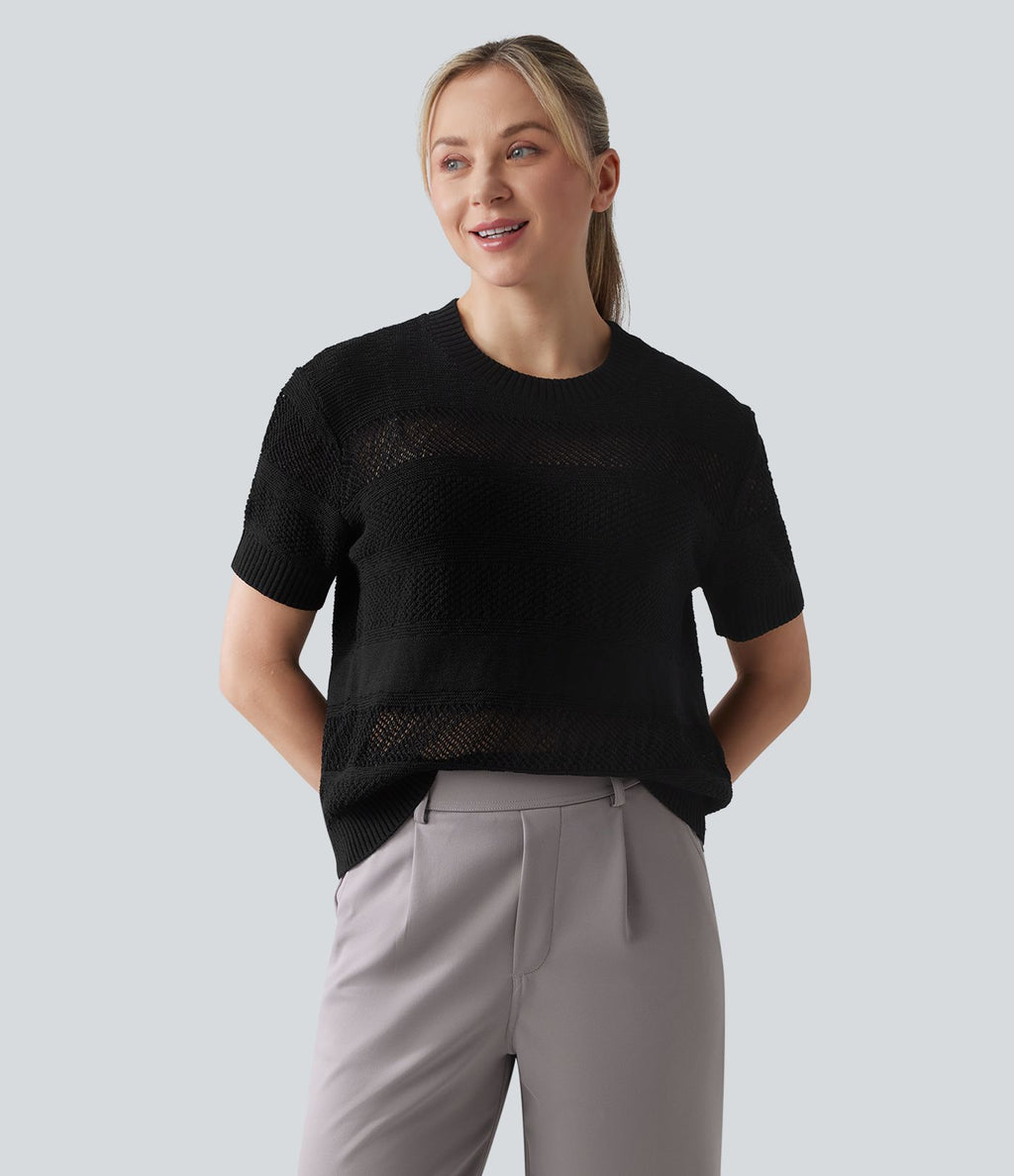 Pull tailleur col rond manches courtes crochet