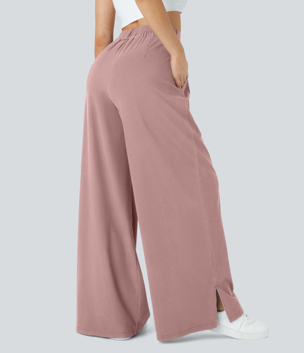 Pantalon Large Casual Taille Haute Boutonnés Fermeture Éclair Plissé Poches Latérales Ourlet Fendu