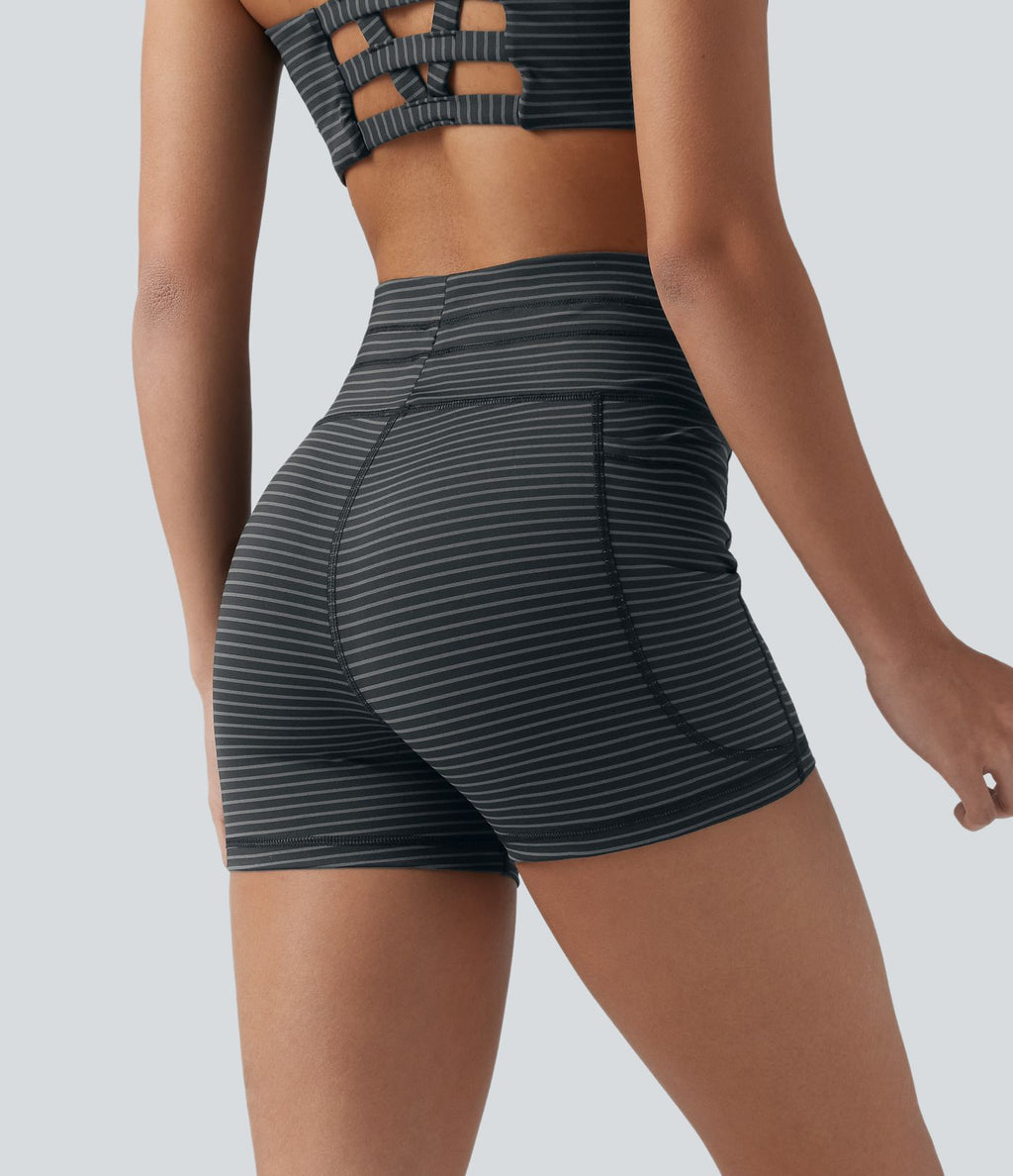 Short cycliste de yoga taille haute à rayures avec cordon de serrage 7,5 cm et poches