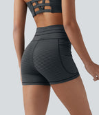 Short cycliste de yoga taille haute à rayures avec cordon de serrage 7,5 cm et poches