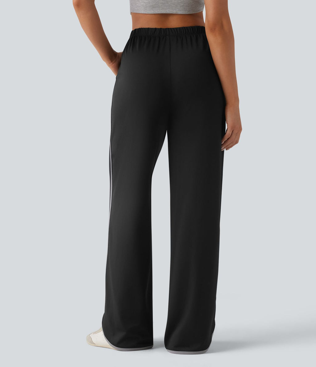 Pantalon large casual color block taille haute à ourlet arrondi avec poches