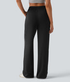 Pantalon large casual color block taille haute à ourlet arrondi avec poches