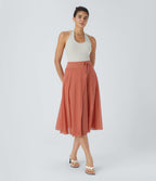 Jupe Casual Évasée Mesh Mi-Longue Fuide 2 en 1 Contrastée Taille Haute Cordon Poche Latérale