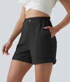 Short resort 12,5 cm taille haute effet lin avec ourlet roulotté et poches