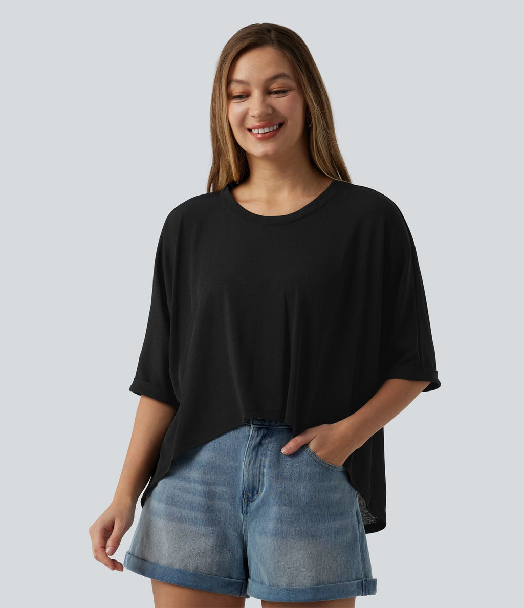 T-shirt décontracté col rond manches mi-longues ourlet asymétrique