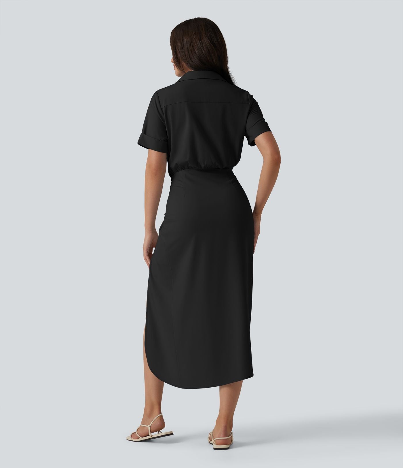 Robe-chemise casual midi en mousseline infroissable manches courtes portefeuille avec nœud frontal et poche