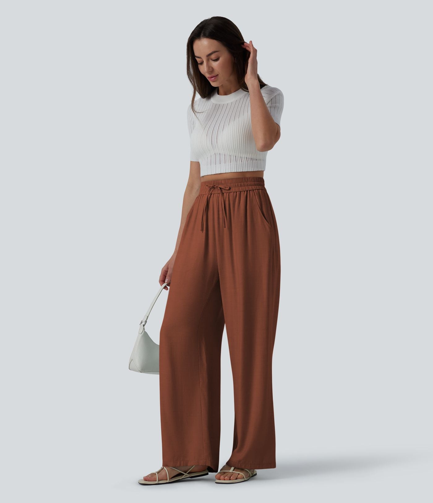Pantalon casual large mélange lin taille haute avec cordon de serrage et poches