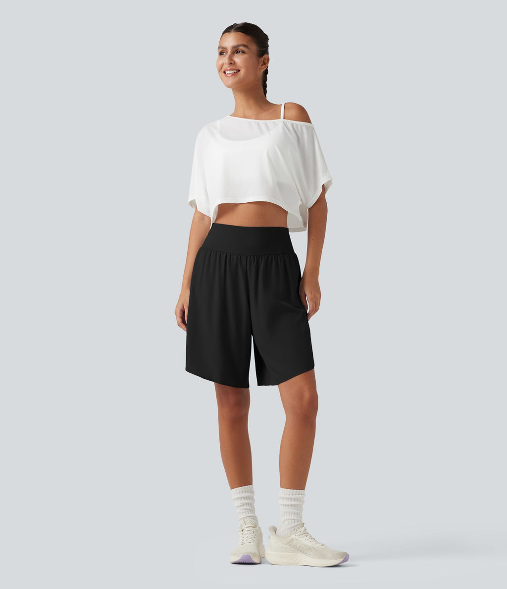 Short de course 2 en 1 SoftlyZero™ QuickDry taille haute, effet ventre plat, pois réfléchissants, ourlet croisé, 23 cm, avec poches