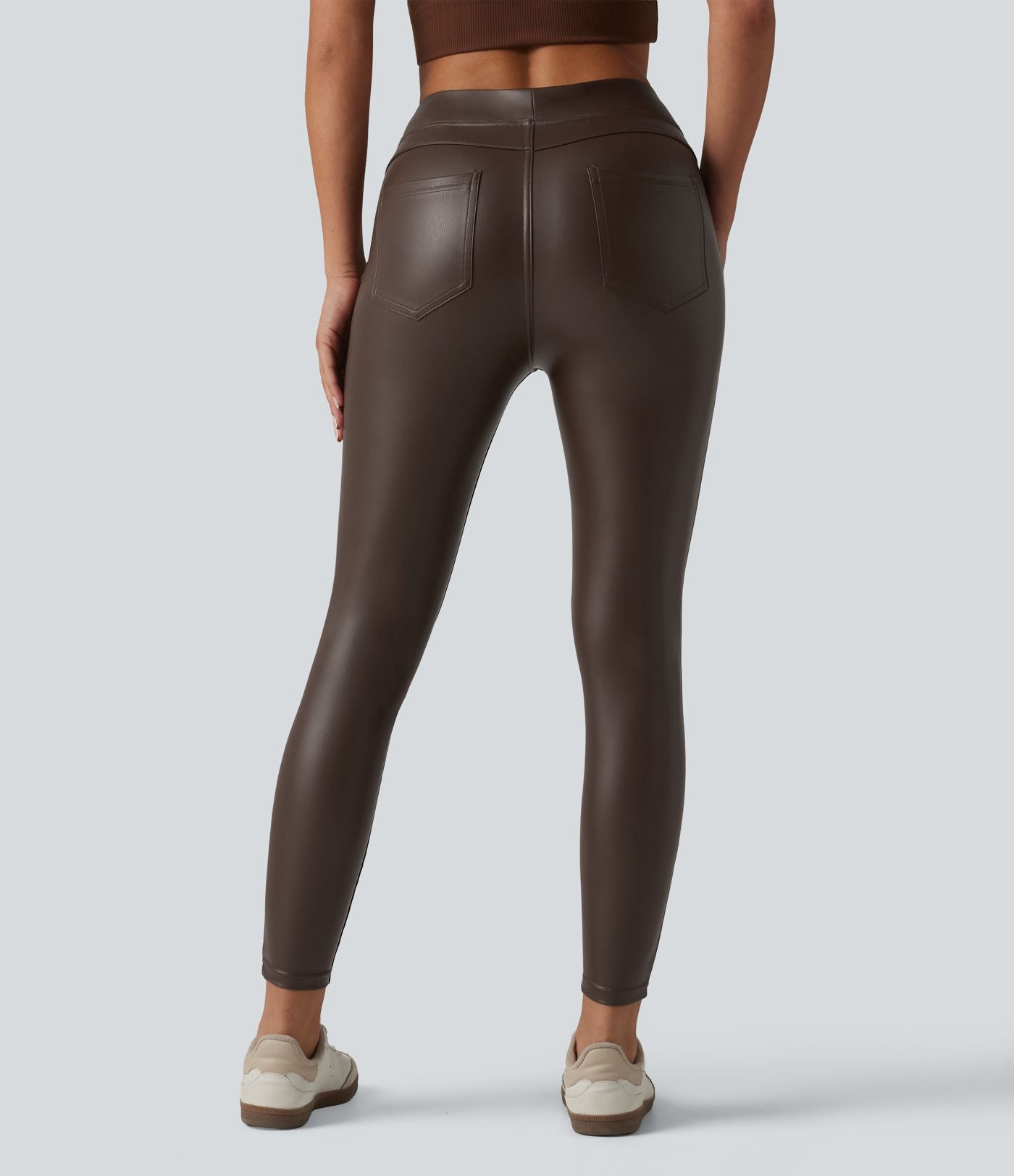 Pantalon skinny casual taille haute en simili cuir extensible avec poches