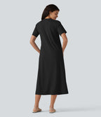 Robe midi décontractée à col rond, manches courtes et poches
