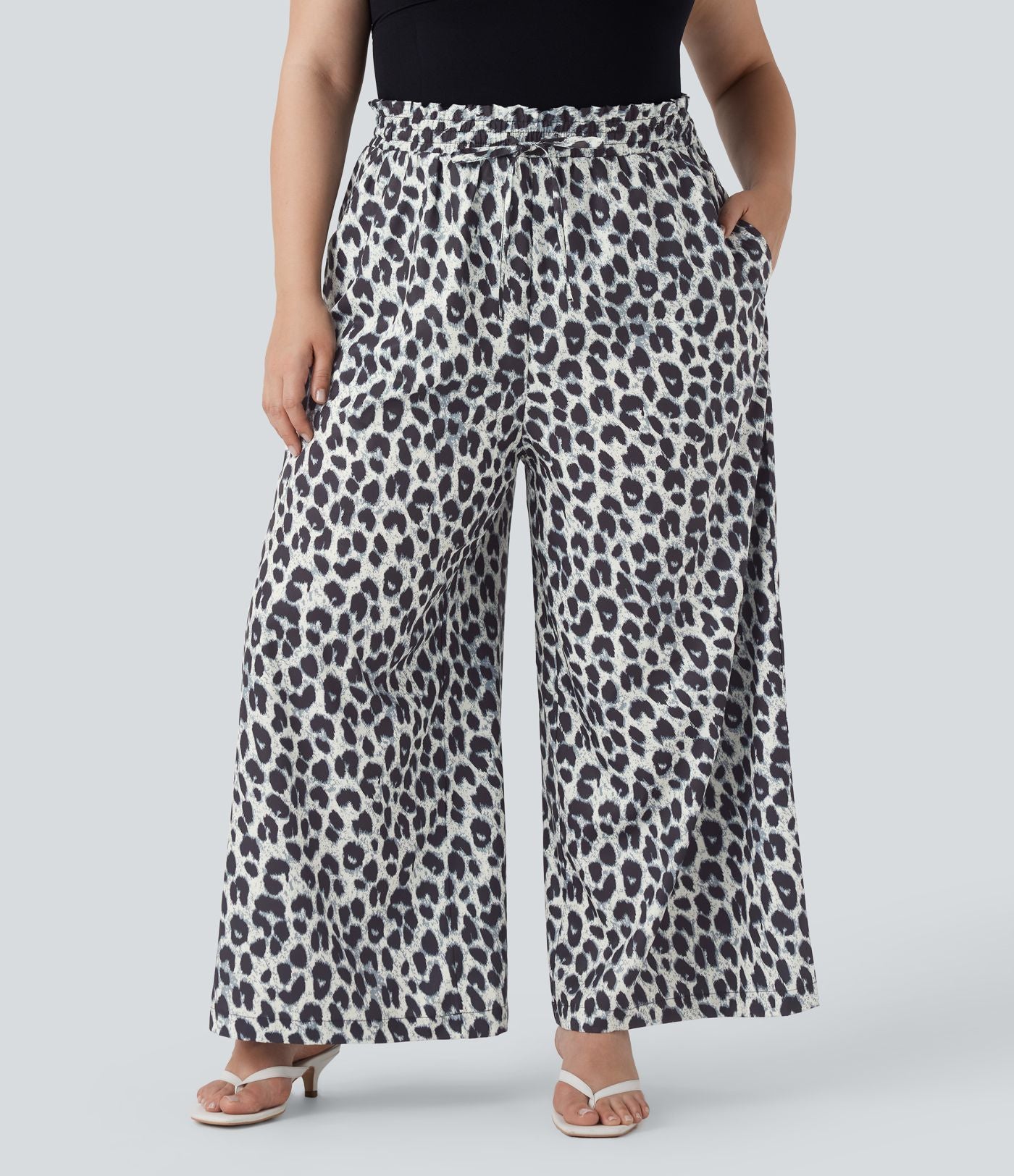 Pantalon décontracté grande taille large fluide taille haute imprimé léopard avec cordon de serrage et poches latérales
