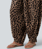 Jogging casual fluide gaufré imprimé léopard taille haute avec poches