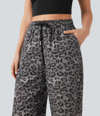 Pantalon casual taille haute cordon jambe droite imprimé léopard avec poches