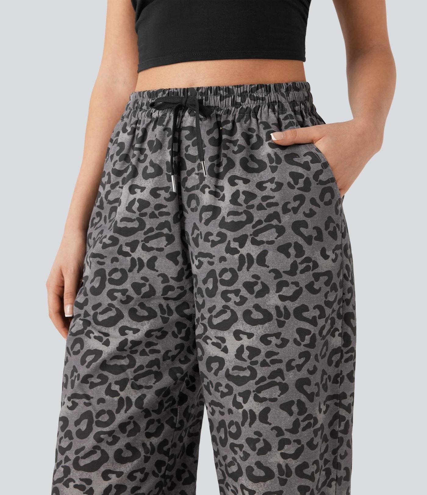 Pantalon casual taille haute cordon jambe droite imprimé léopard avec poches