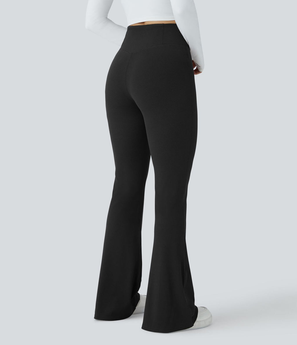 Pantalon décontracté évasé en maille gaufrée, taille haute, avec poches croisées