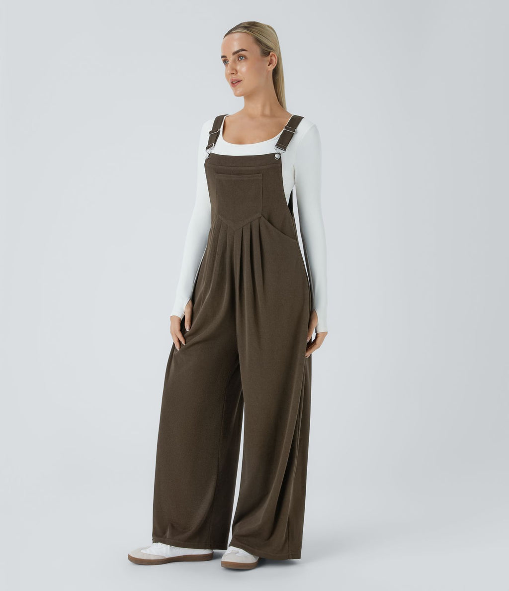 Salopette Casual à Bretelles Ajustables en Tricot Côtelé avec Multiples Poches Plissée