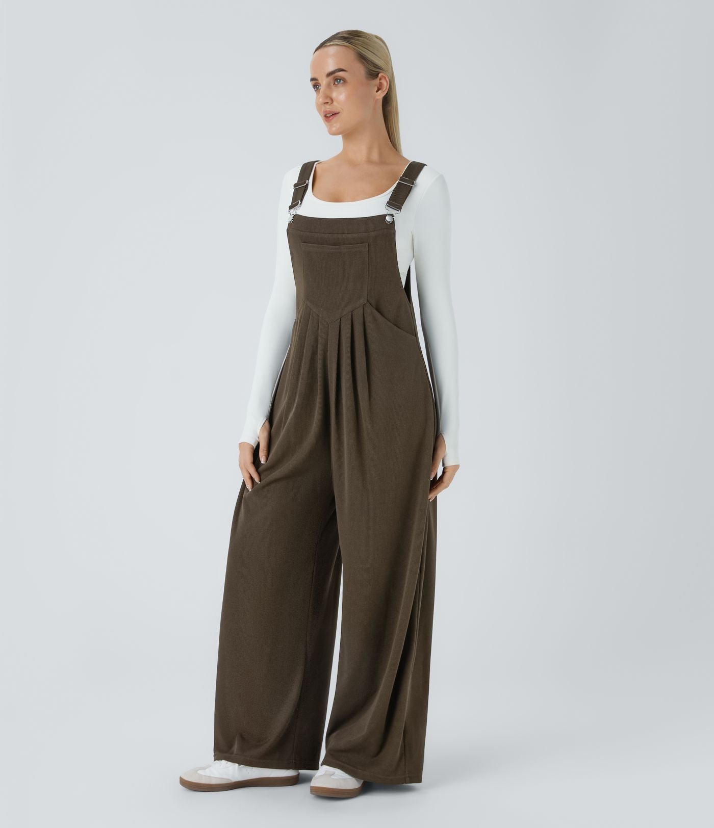 Salopette Casual à Bretelles Ajustables en Tricot Côtelé avec Multiples Poches Plissée