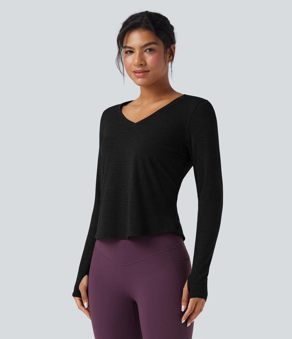 Top de sport yoga chiné col V manches longues avec trous pouces ourlet arrondi