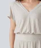Robe mini décontractée 2-en-1 en maille côtelée mélange de lin, col V, manches courtes, coupe fluide