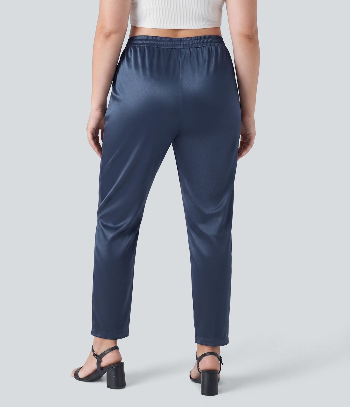 Pantalon tailleur fuselé en satin taille haute grande taille avec poches