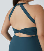 Robe Danse Barre Ballet Grande Taille 2 en 1 Col en U Dos Nu avec Découpe Torsadée et Poches Latérales - Plus Longue