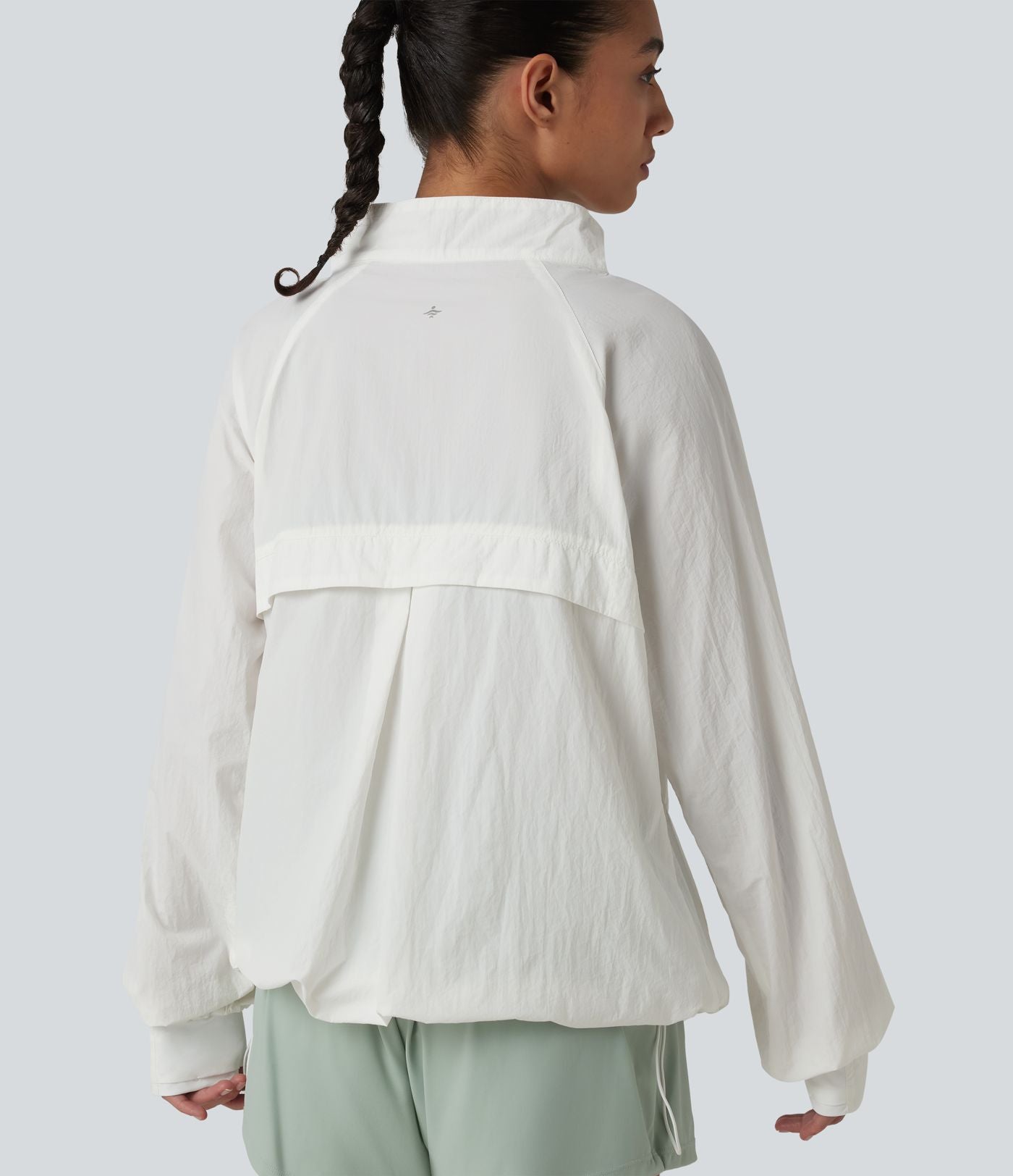 Coupe-vent casual à col droit avec trou pouces, cordon de serrage et poches