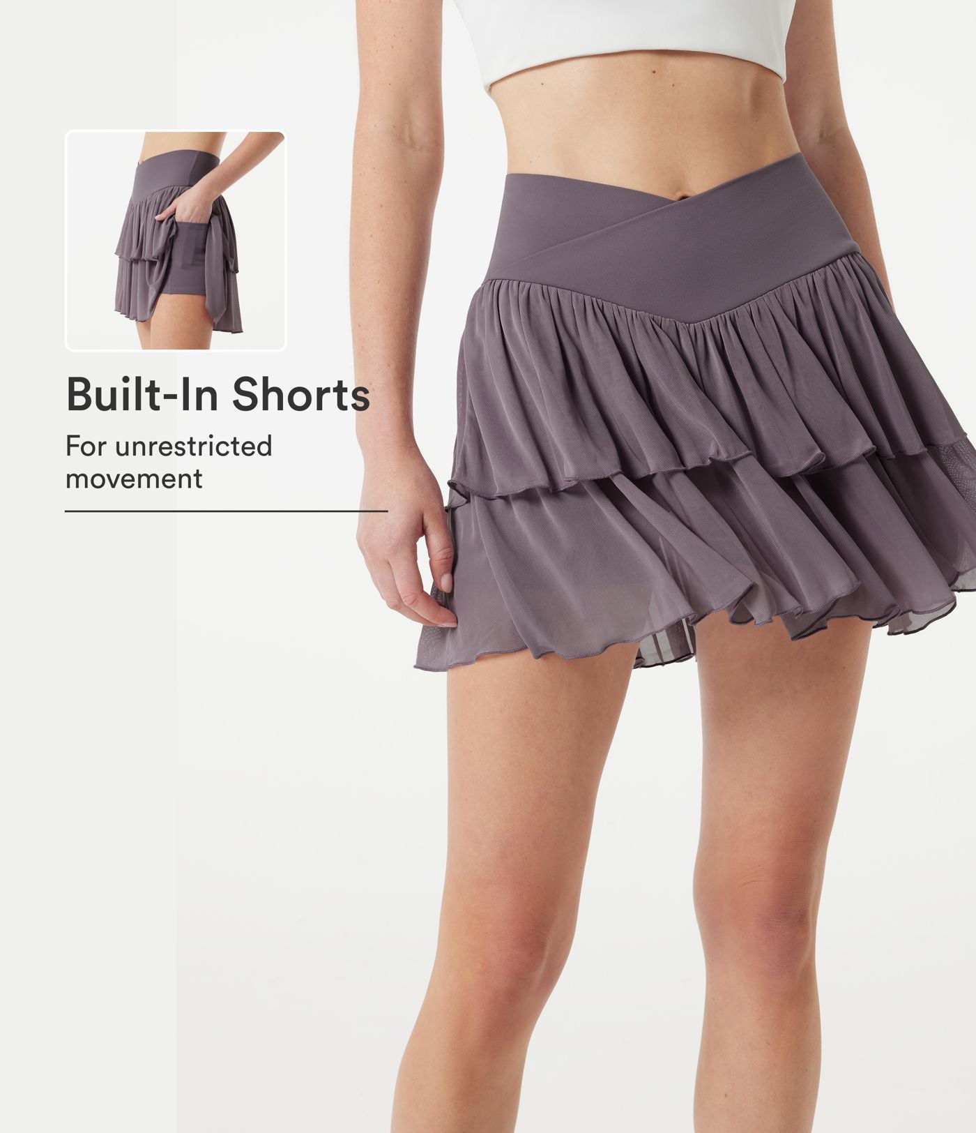 Jupe-short tennis mini fluide taille haute croisée en mesh à volants, avec poches