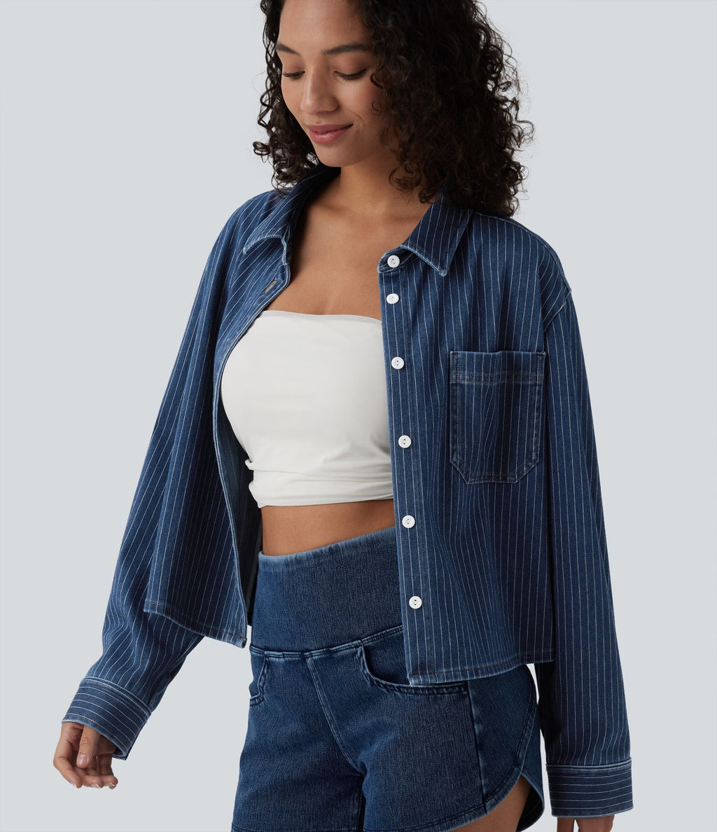 Halara Flex™ Chemise casual rayée en denim à manches longues avec poche