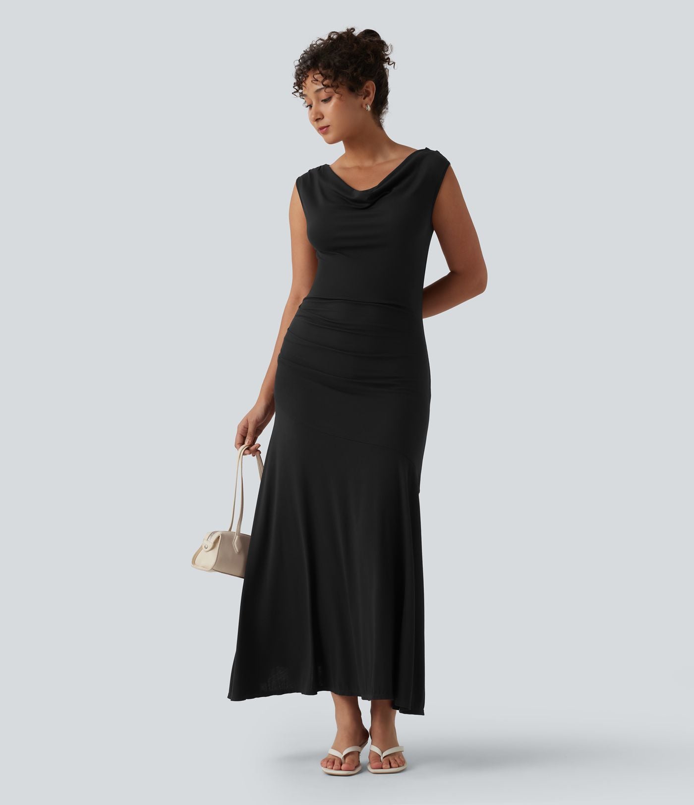 Robe décontractée maxi sans manches col drapé maille côtelée