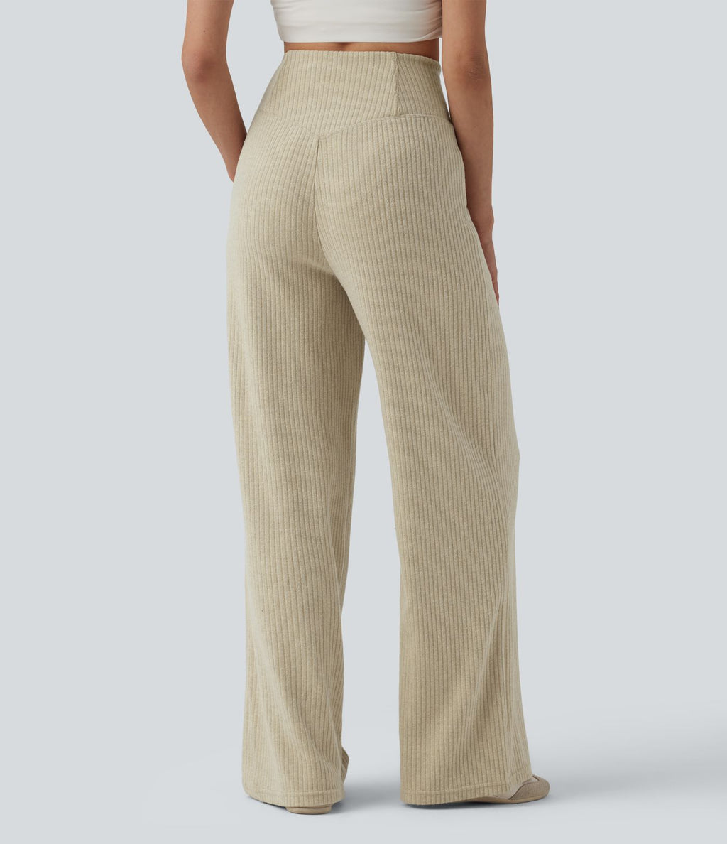 Pantalon droit décontracté côtelé croisé gainant taille haute avec poches