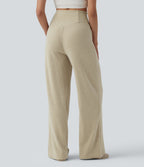 Pantalon droit décontracté côtelé croisé gainant taille haute avec poches