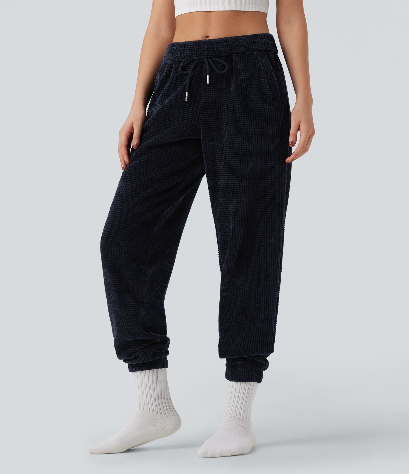 Pantalon décontracté chenille gaufré taille haute avec cordon de serrage et poches