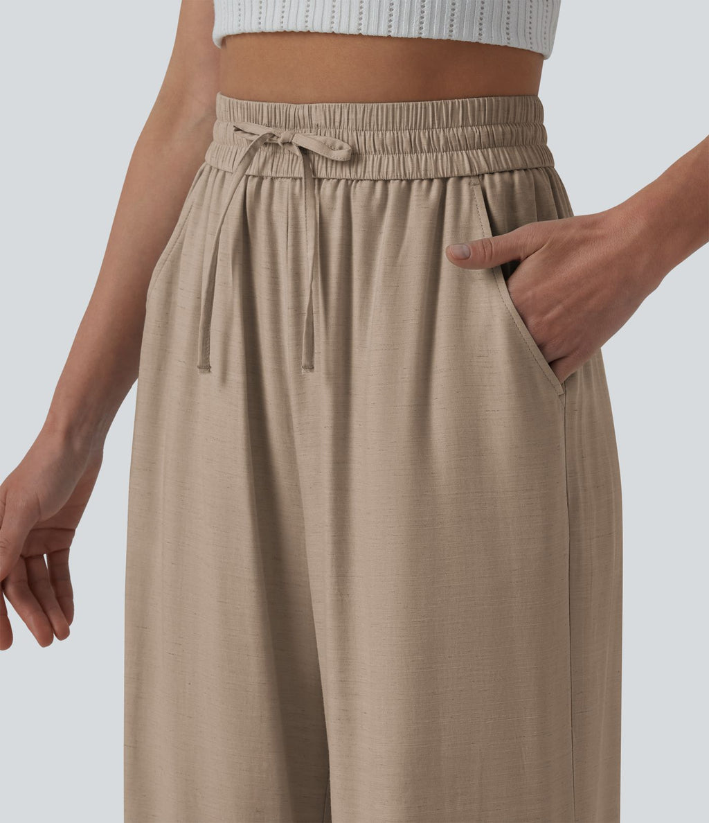 Pantalon casual large fluide mélange lin taille haute avec cordon de serrage et poches