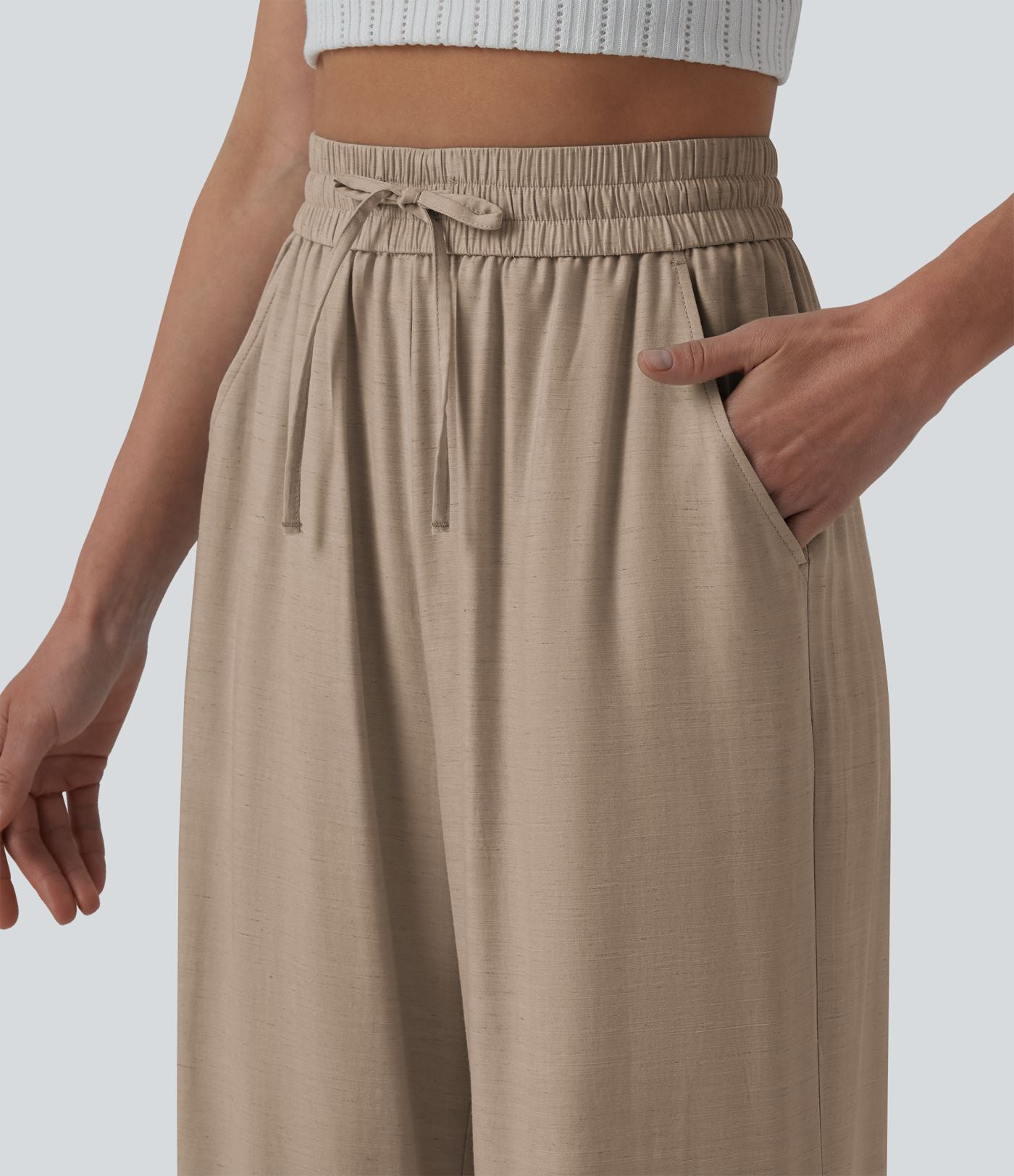Pantalon casual large fluide mélange lin taille haute avec cordon de serrage et poches