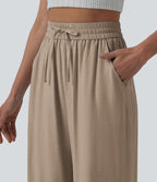 Pantalon casual large mélange lin taille haute avec cordon de serrage et poches