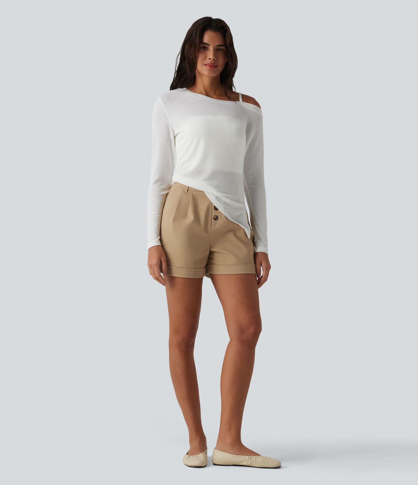 Short chino casual ample coton taille mi-haute à ourlet retroussé avec poches
