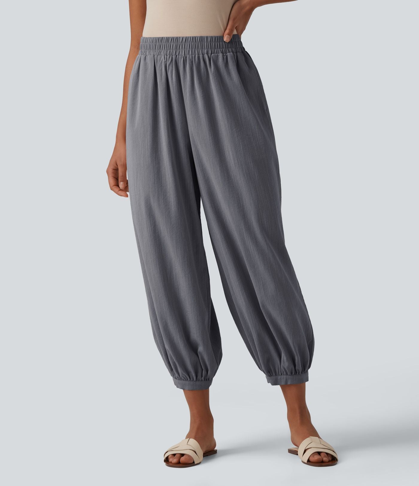 Pantalon décontracté coupe ballon taille haute aspect lin avec poches