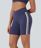 Short cycliste de yoga 17,5 cm croisé à taille moyenne, bandes colorées et rayures