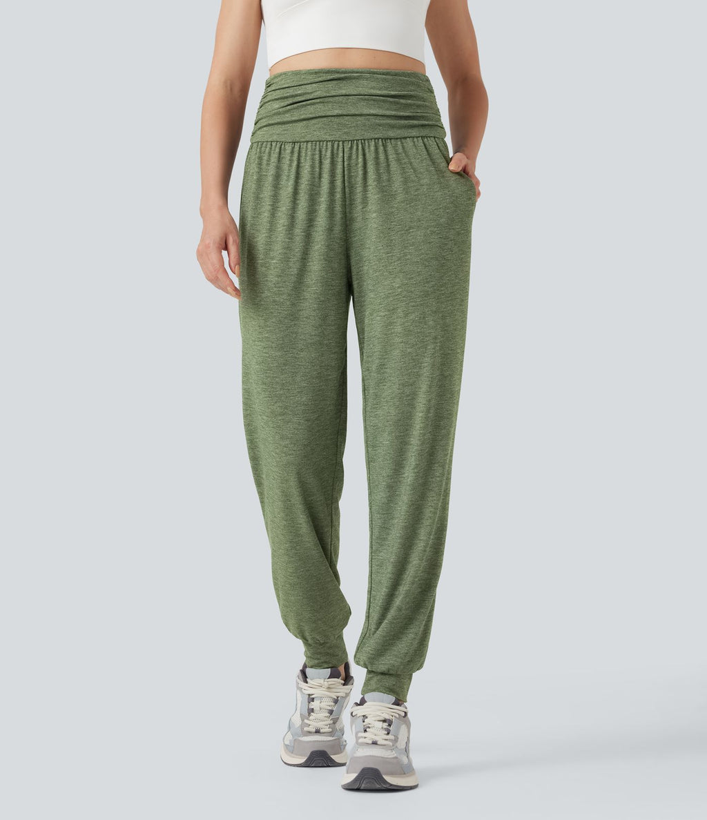 Jogging taille haute froncé chiné avec poches