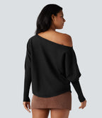 Pull une épaule manches chauve-souris ourlet arrondi