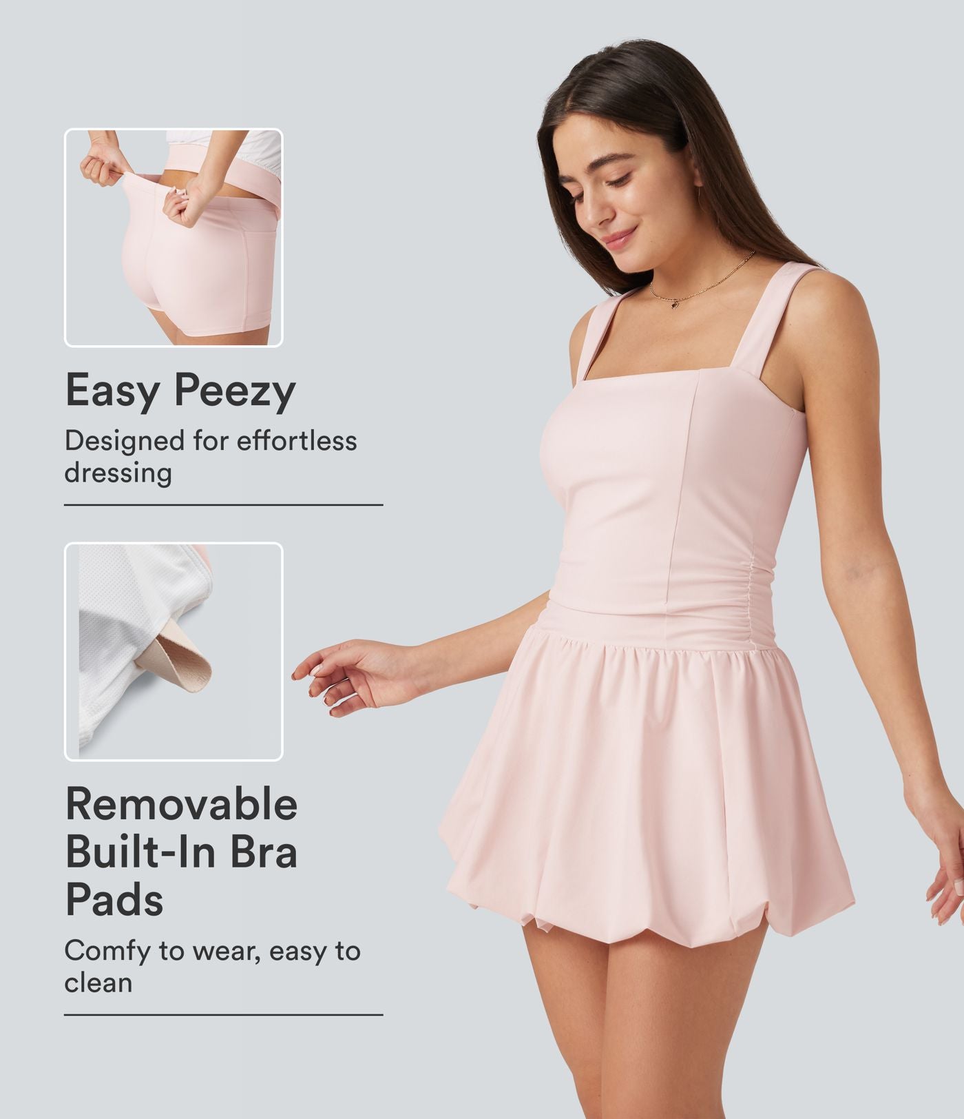 Robe sport 2-en-1 mini bulle sans manches à col carré et soutien-gorge intégré avec poches - Édition Easy Peasy